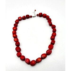 Red Coral Beaded Necklace With Silver Clasp & Extender